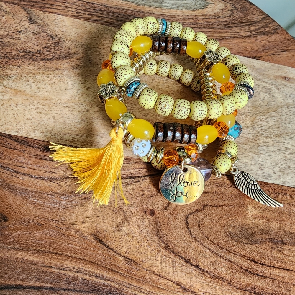 Yellow Beaded Bracelet Set with Charms